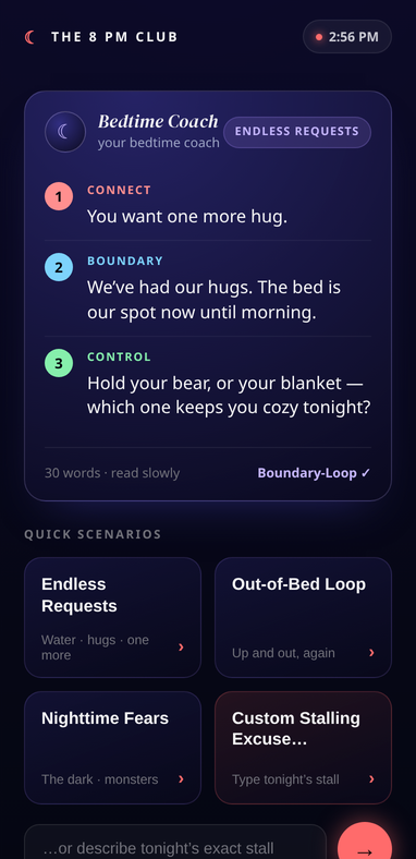Inside The 8 PM Club app: your scripts on one tab, and Bedtime Coach on the other for the exact words to say tonight.